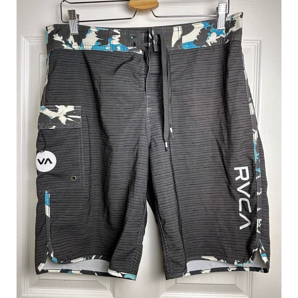 RVCA Mens Board Shorts Gray Teal Striped Swim Trunks Size 32 Surf Shorts Spring